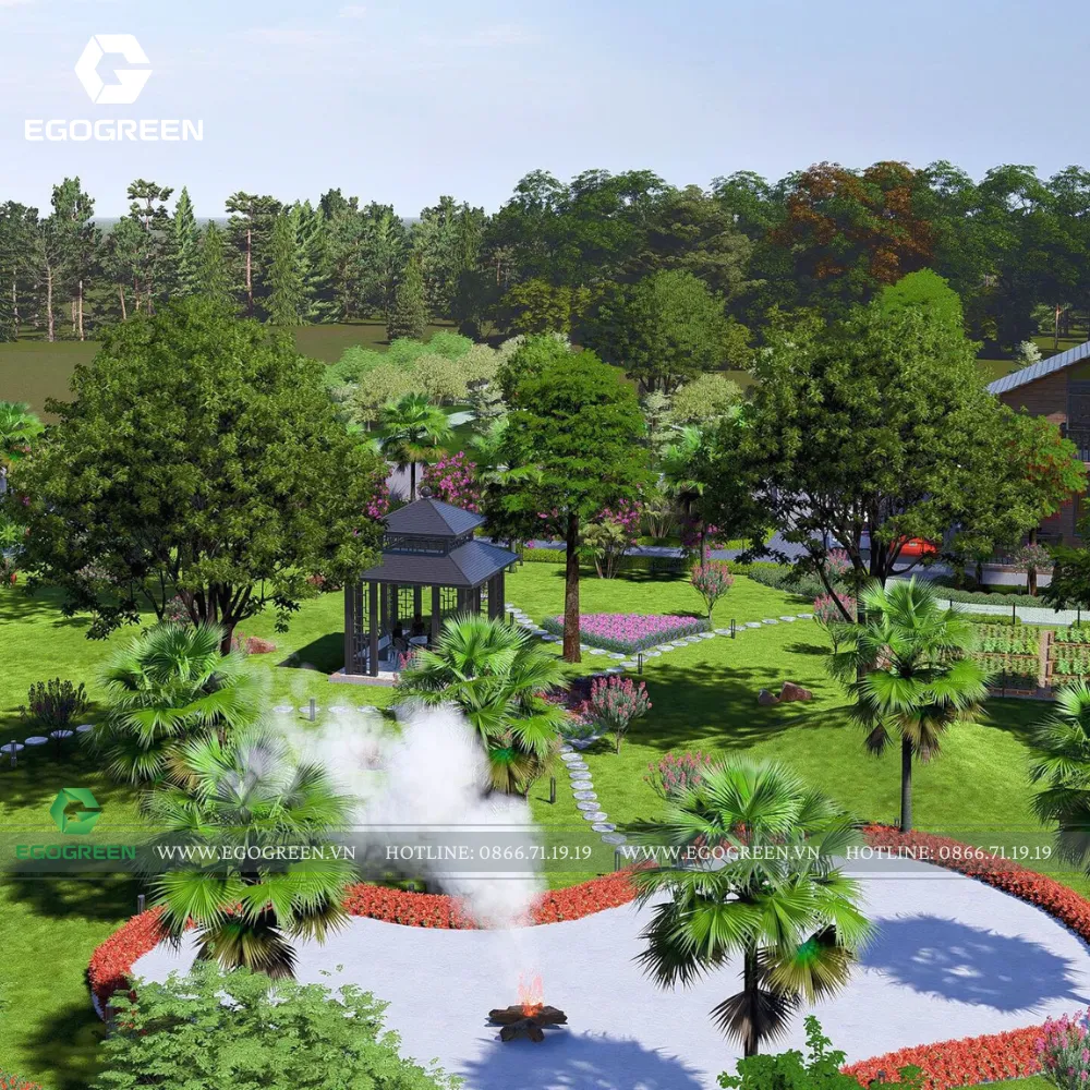 Ảnh thiết kế 3D khu chòi nghỉ và sân đi dạo.